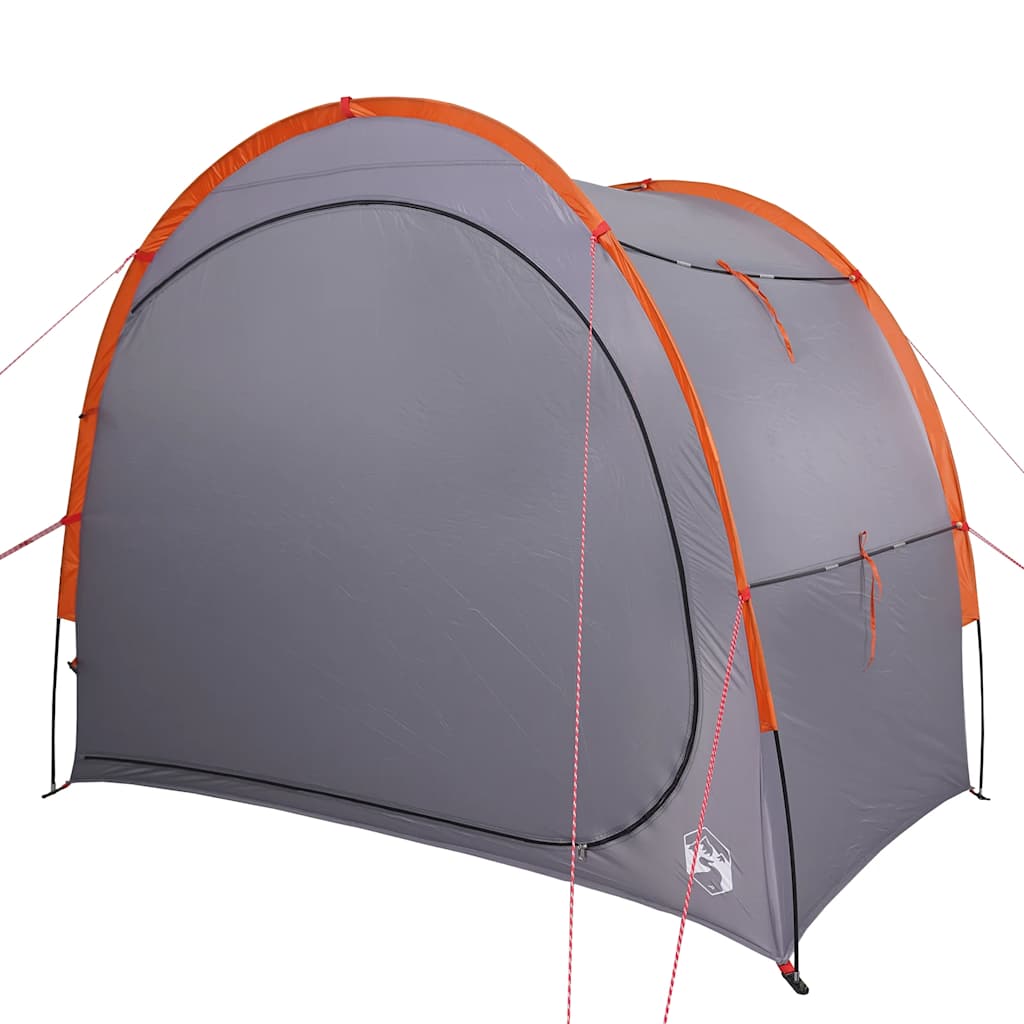 Zijaanzicht van de vidaXL waterdichte opbergtent in grijs met oranje details.