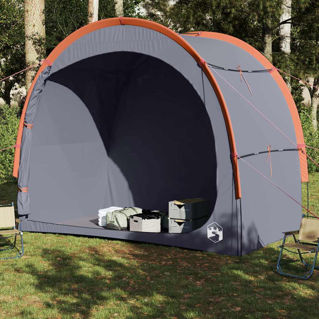 Detail van de vidaXL opbergtent in grijs en oranje, zijaanzicht met opbergboxen binnenin.