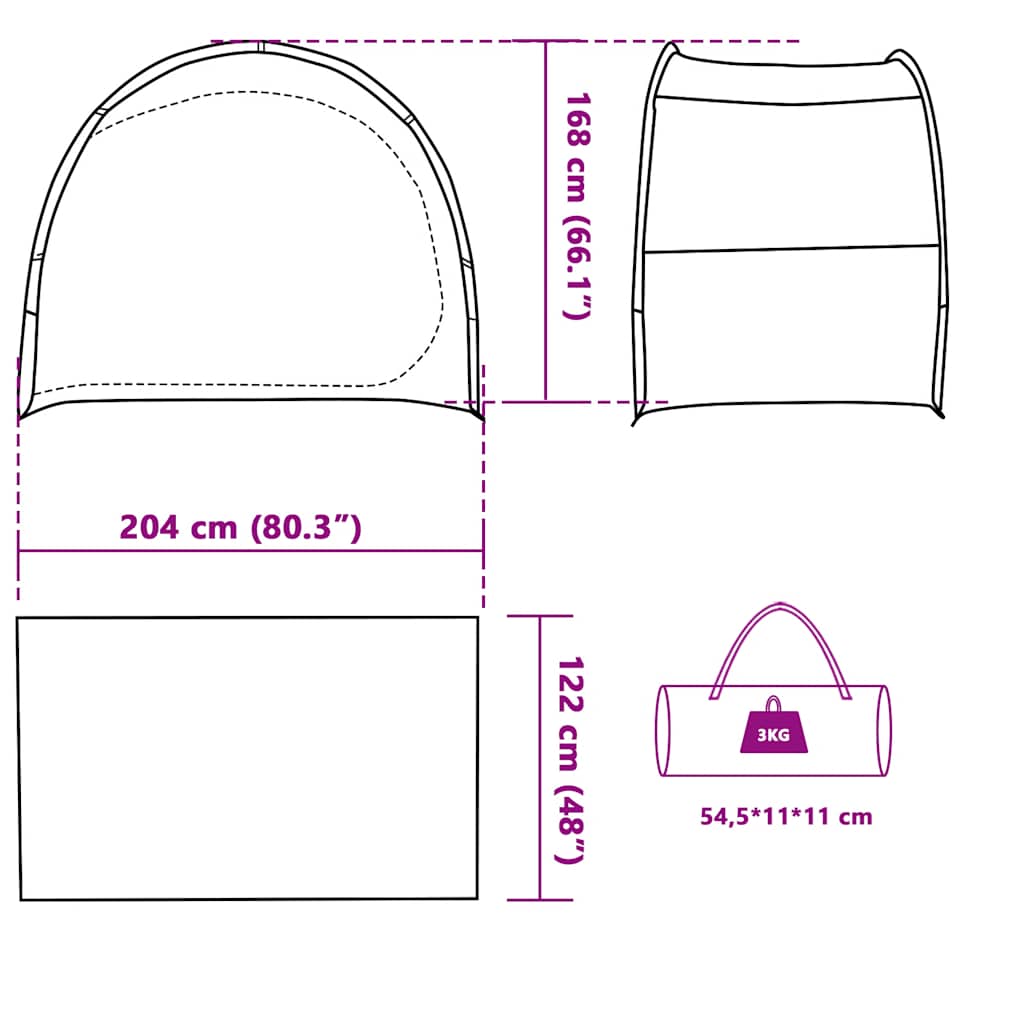 Detailweergave van de vidaXL opbergtent met afmetingen en draagtas in grijs en oranje.