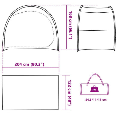Detailweergave van de vidaXL opbergtent met afmetingen en draagtas in grijs en oranje.
