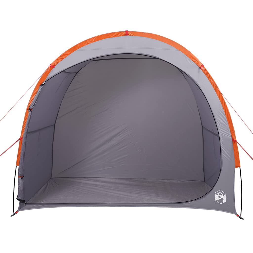 Zijaanzicht van de vidaXL waterdichte opbergtent in grijs met oranje details.