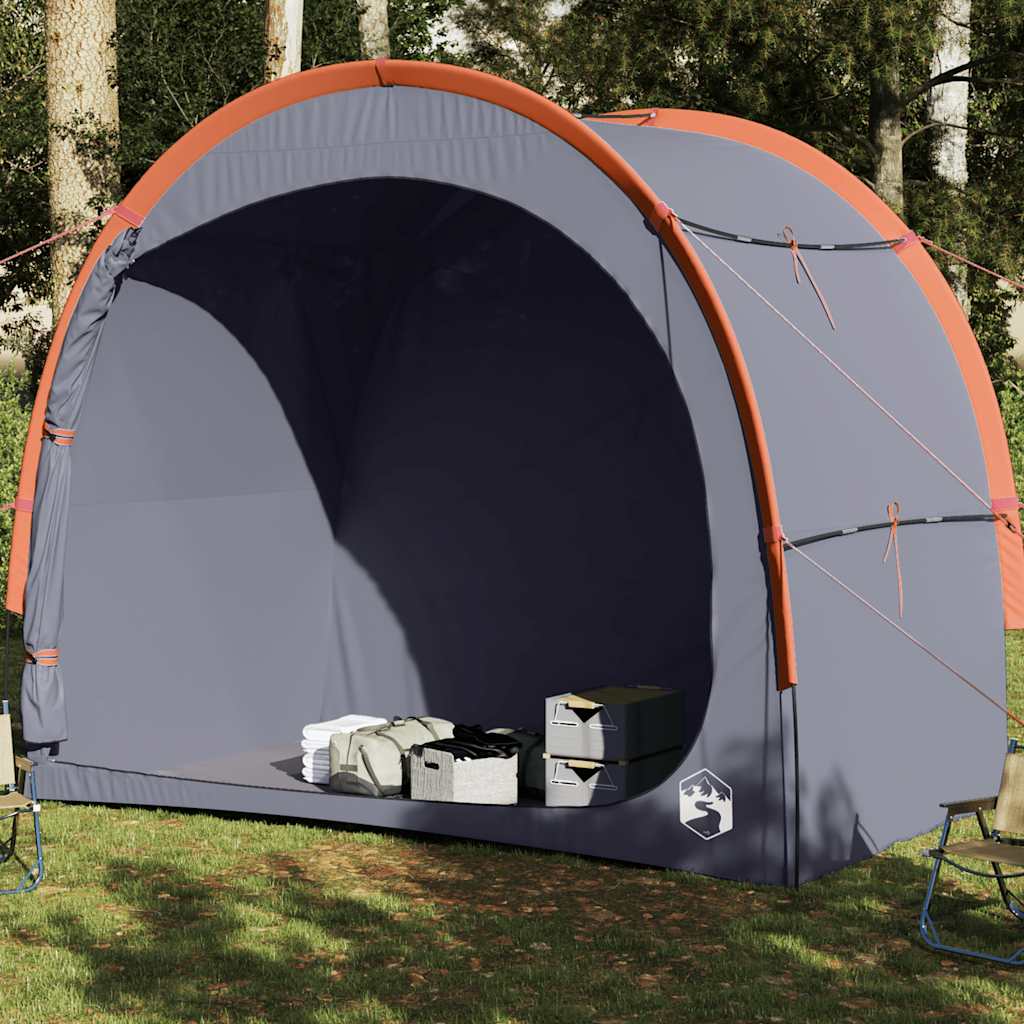 vidaXL waterdichte opbergtent in grijs met oranje details, open en ingericht met opbergdozen.