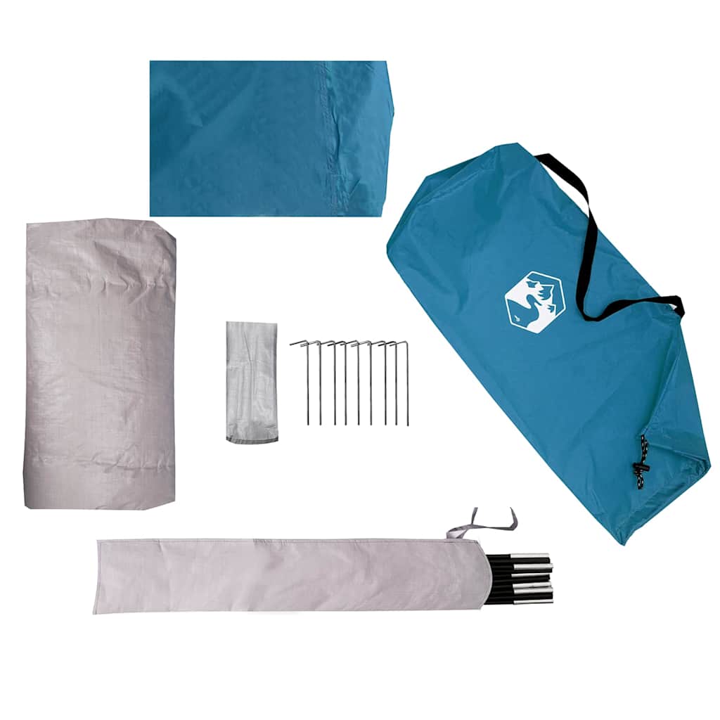 Detail van de accessoires van de vidaXL 2-persoons koepeltent in blauw, inclusief haringen en tentstokken.