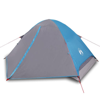 Zijaanzicht van de vidaXL koepeltent 2-persoons in blauw en grijs, met details van het waterdichte materiaal.