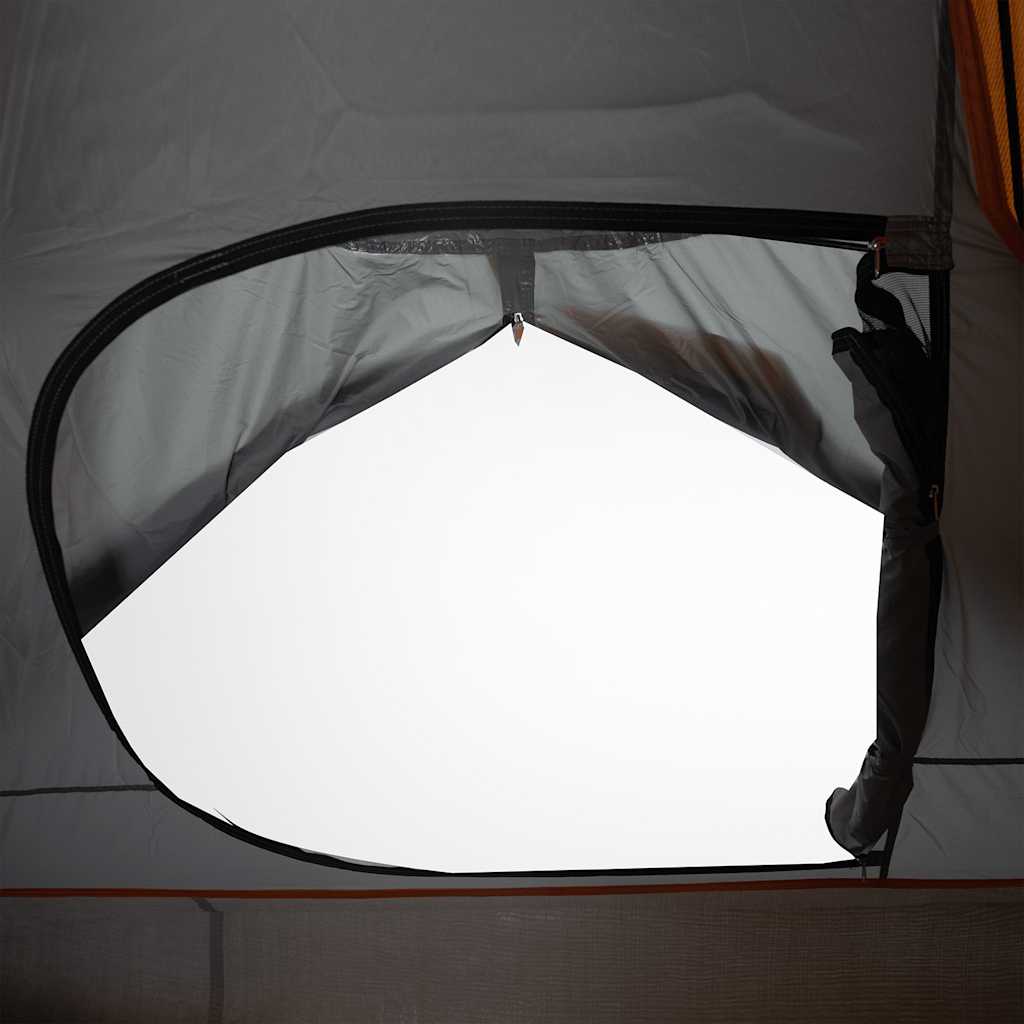 Detail van de grijs-oranje vidaXL koepeltent met een ventilatierooster aan de zijkant.