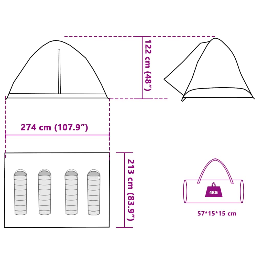 Detailweergave van de afmetingen en het ontwerp van de vidaXL 4-persoons koepeltent.