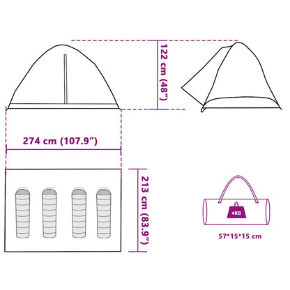 Detailweergave van de afmetingen en het ontwerp van de vidaXL 4-persoons koepeltent.