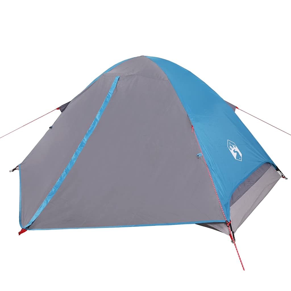 Zijaanzicht van de vidaXL koepeltent 4-persoons in blauw met grijze details.