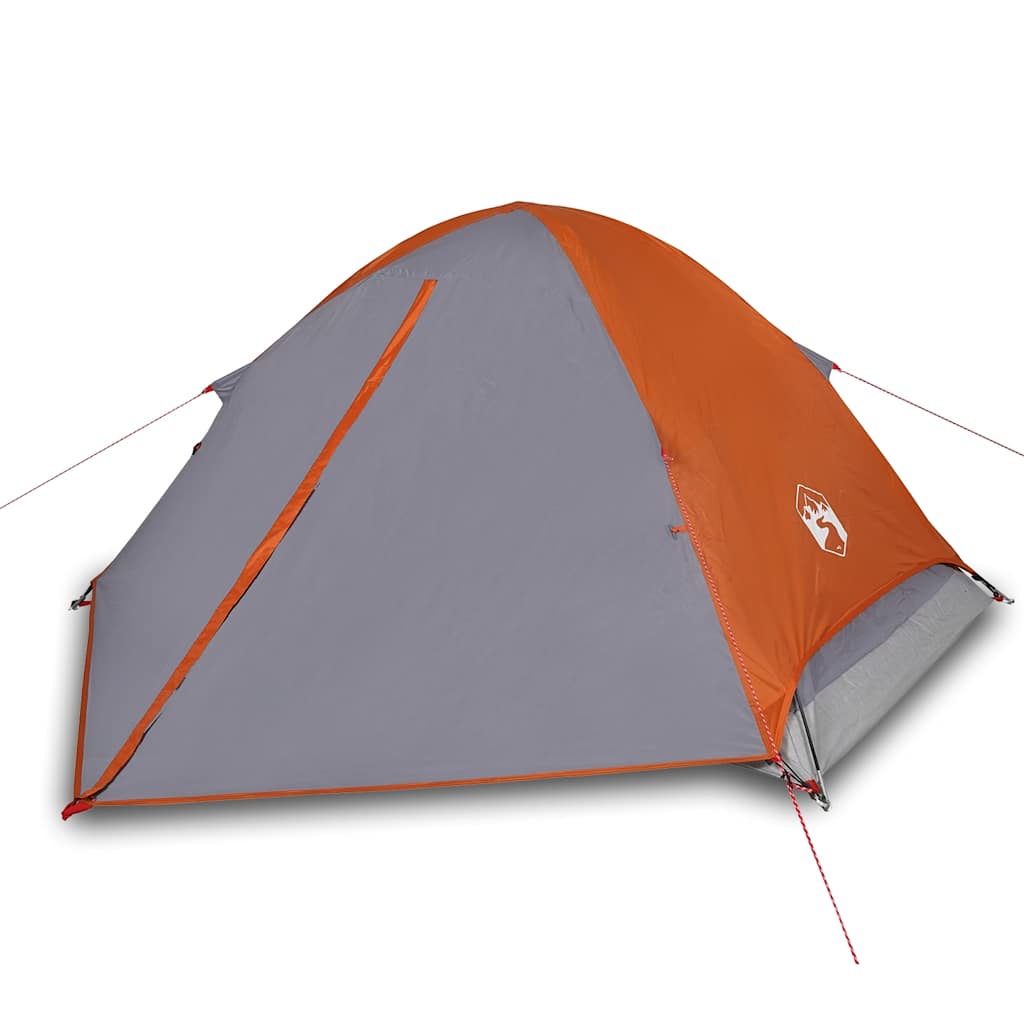 Detail van de grijze en oranje vidaXL koepeltent met zijaanzicht en ventilatieopening.