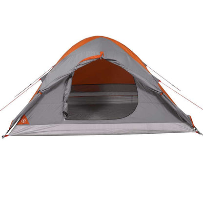Zijaanzicht van de vidaXL koepeltent in grijs met oranje details en open ingang.
