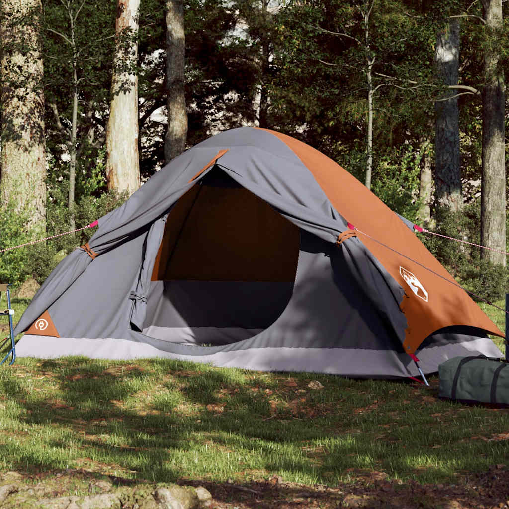 Grijze en oranje vidaXL koepeltent voor 4 personen, waterdicht met open ingang.