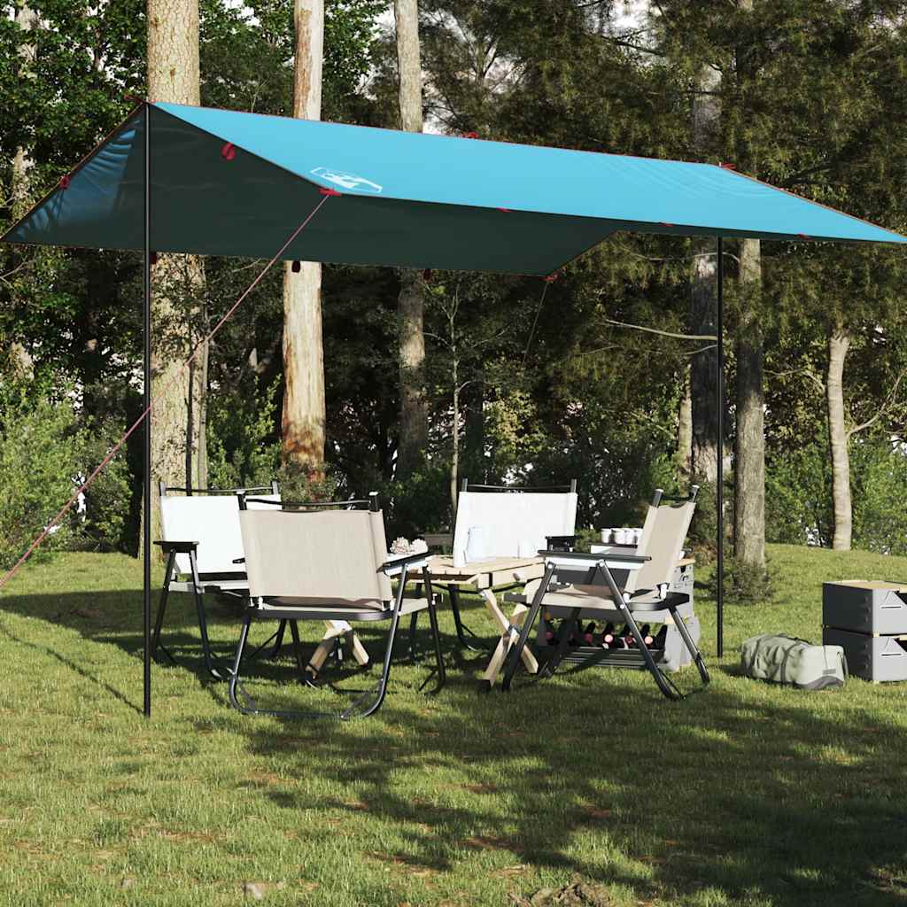Blauwe vidaXL kampeerluifel van 400x294 cm, opgesteld boven een eetset in de natuur.