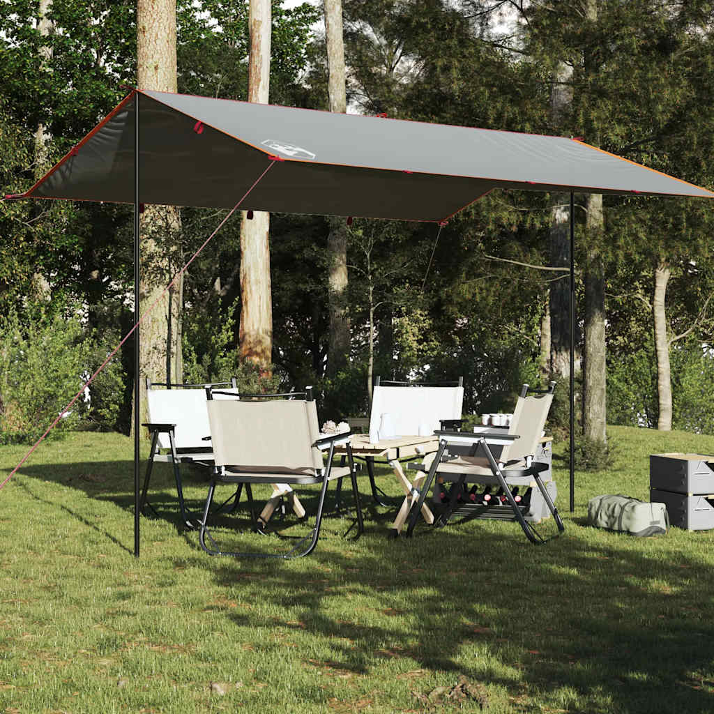 vidaXL kampeerluifel in grijs en oranje, waterdicht en opgezet boven een eetset in de natuur.