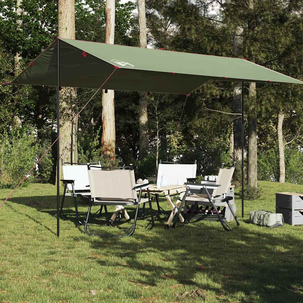 Detail van de vidaXL kampeerluifel in groen, opgezet met stoelen en tafel eronder.