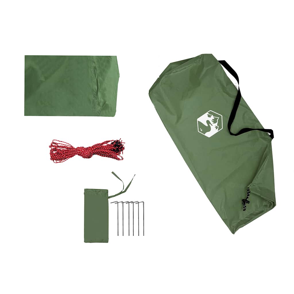 Detail van de meegeleverde accessoires, inclusief haringen en touw in groene kleur.