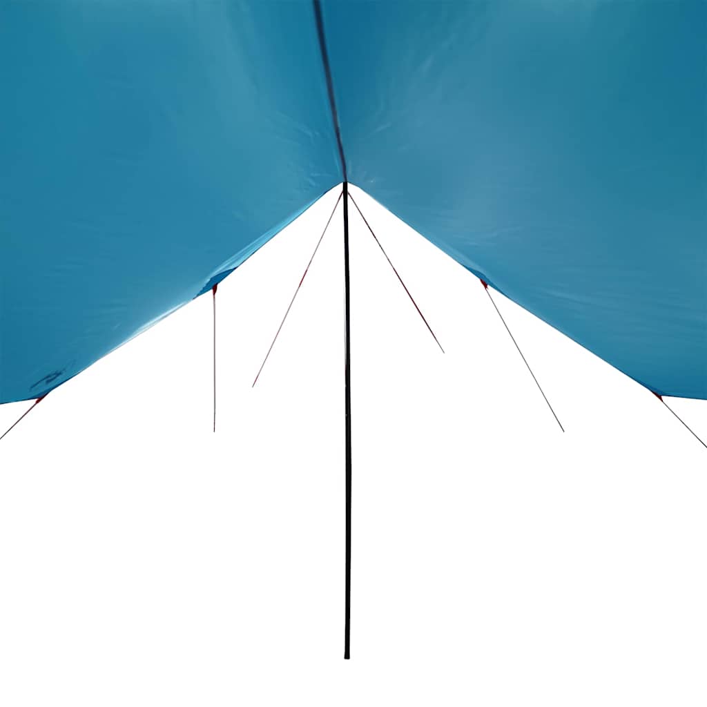Detail van de blauwe vidaXL kampeerluifel met zicht op de bevestigingspunten en stangen.
