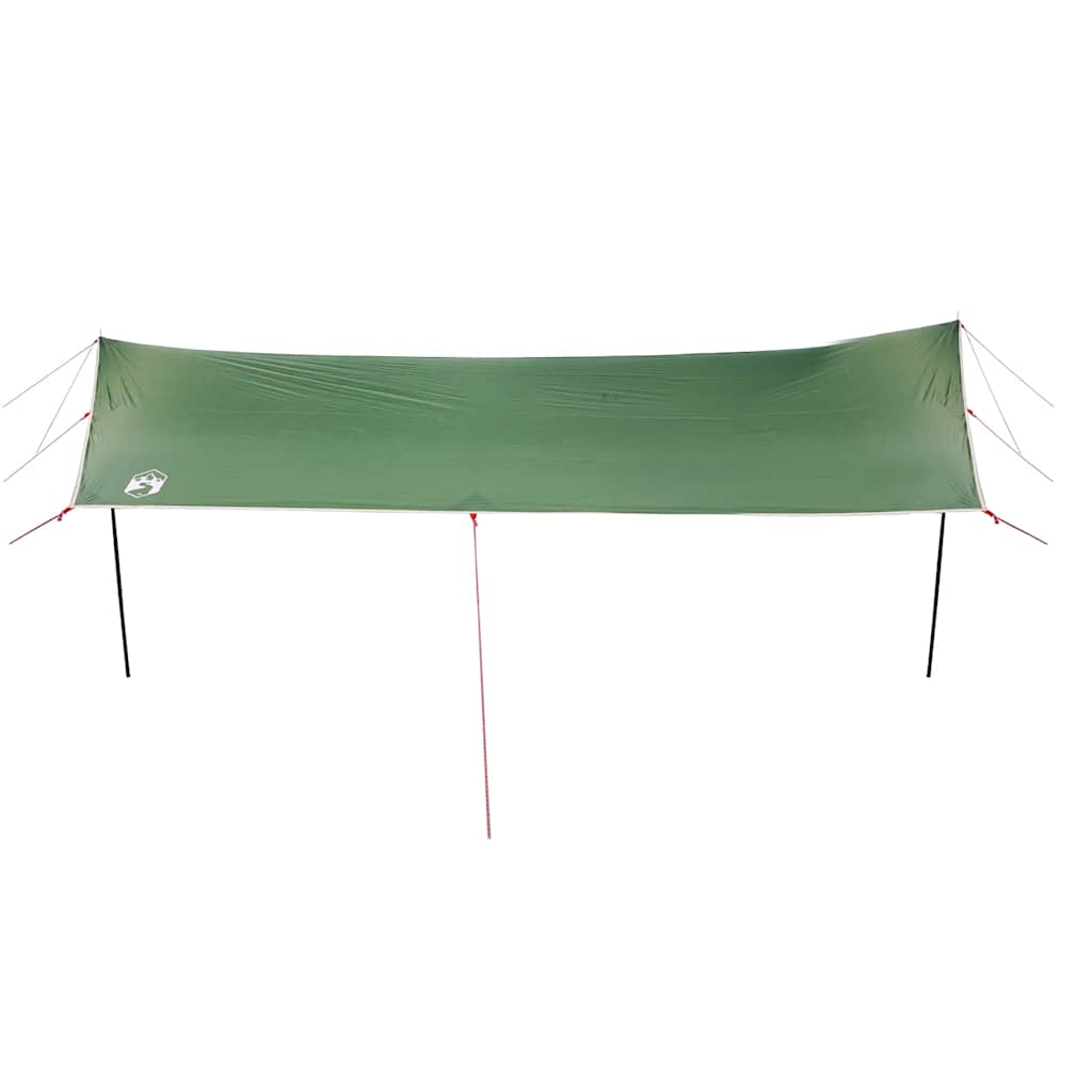 Detail van de vidaXL kampeerluifel in groen, met bevestigingspunten en touwen.