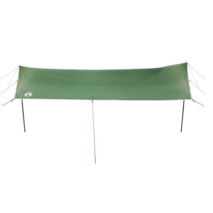 Detail van de vidaXL kampeerluifel in groen, met bevestigingspunten en touwen.
