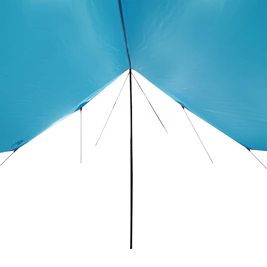 Detail van de blauwe vidaXL kampeerluifel met bevestigingsstokken en lijnen.