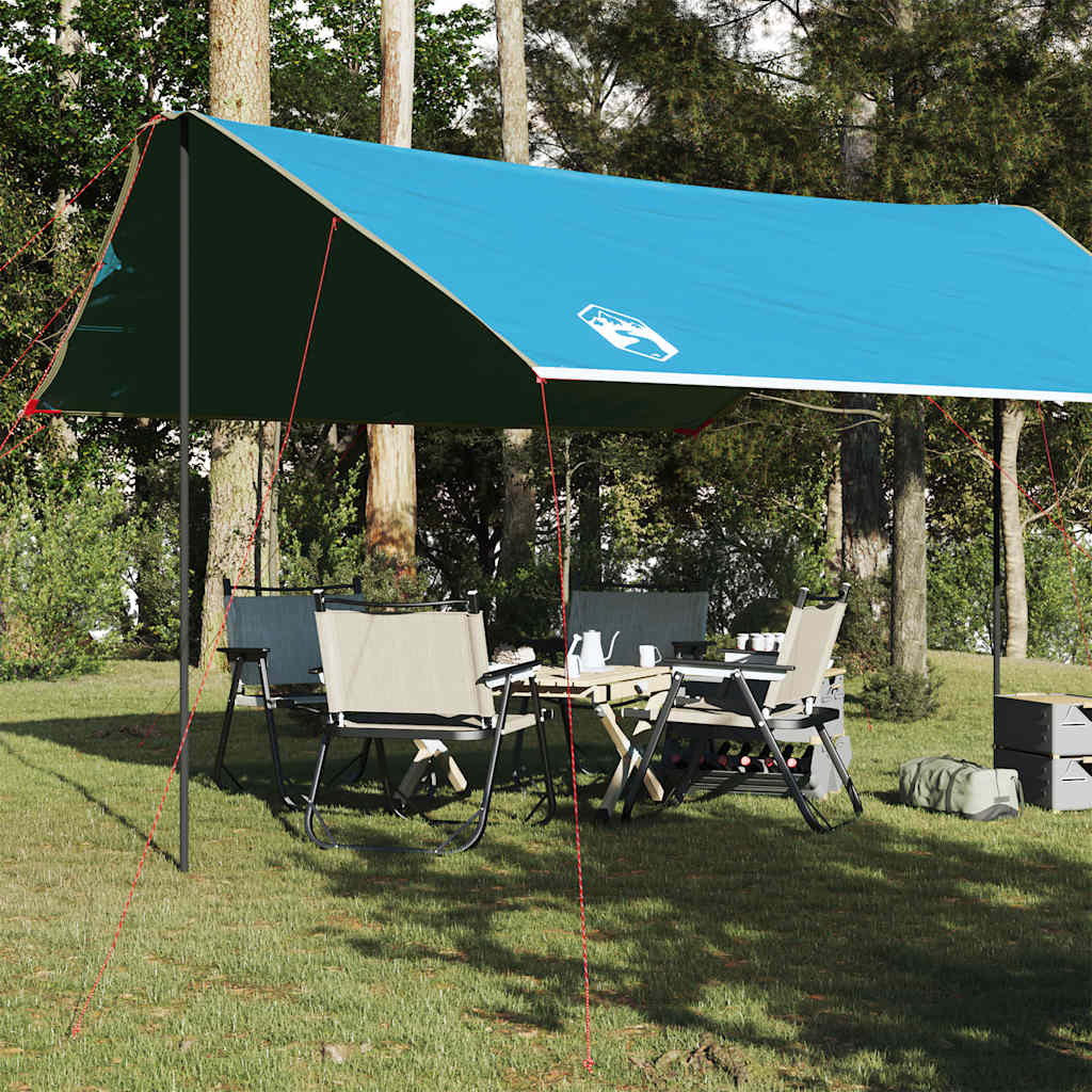 Blauwe vidaXL kampeerluifel, waterdicht, opgesteld met stoelen en tafel in een groene omgeving.