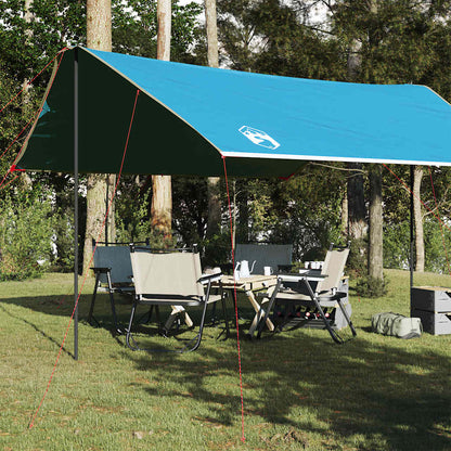Blauwe vidaXL kampeerluifel, waterdicht, opgesteld met stoelen en tafel in een groene omgeving.
