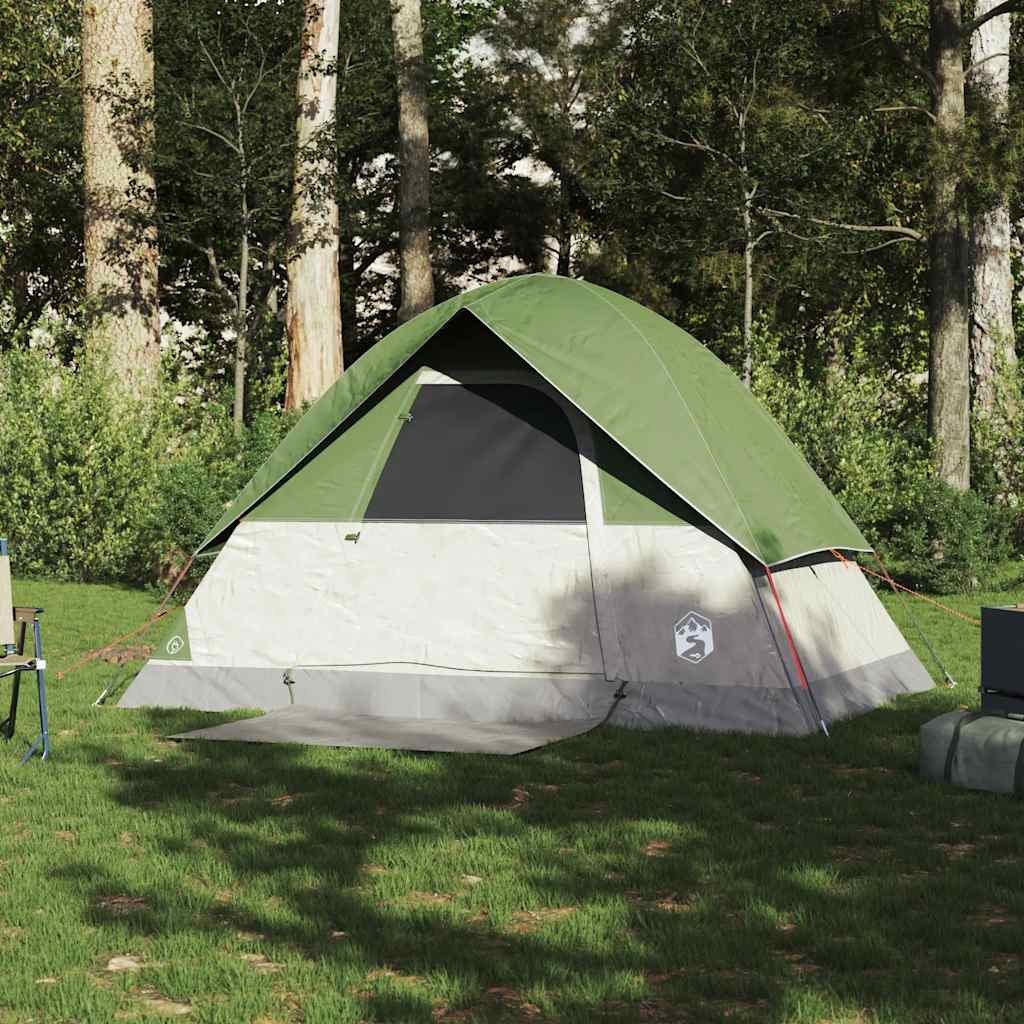 Detail van de vidaXL koepeltent in groen, zijaanzicht met open deur en ventilatie.