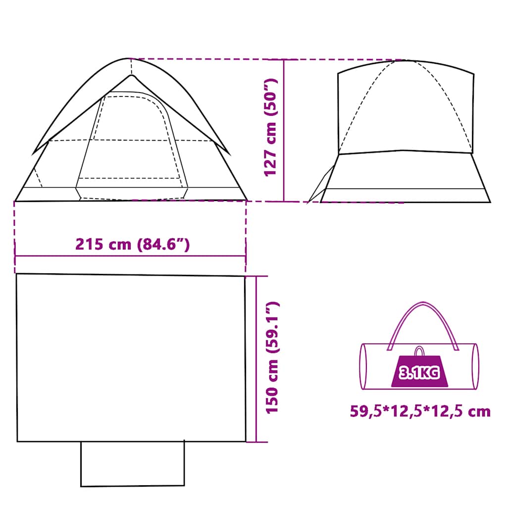 Detail van de afmetingen en specificaties van de vidaXL 2-persoons koepeltent.