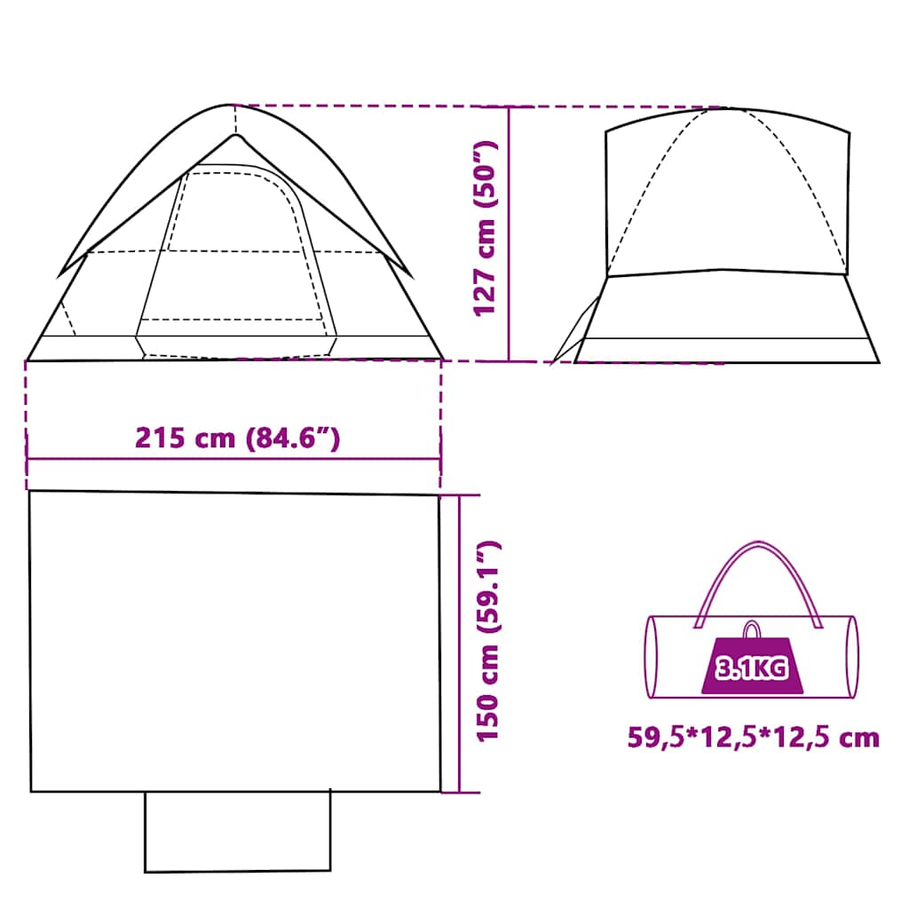 Detail van de afmetingen en opbergtas van de vidaXL 2-persoons koepeltent.