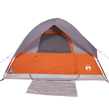 Detail van de oranje vidaXL koepeltent met open ingang en grijze top.
