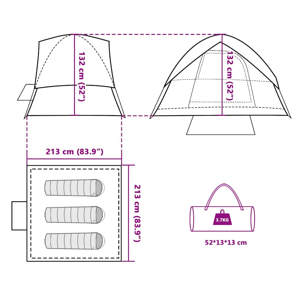 Detail van de afmetingen en opbergmogelijkheden van de vidaXL Koepeltent 3-persoons.