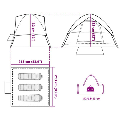 Detail van de afmetingen en opbergmogelijkheden van de vidaXL Koepeltent 3-persoons.