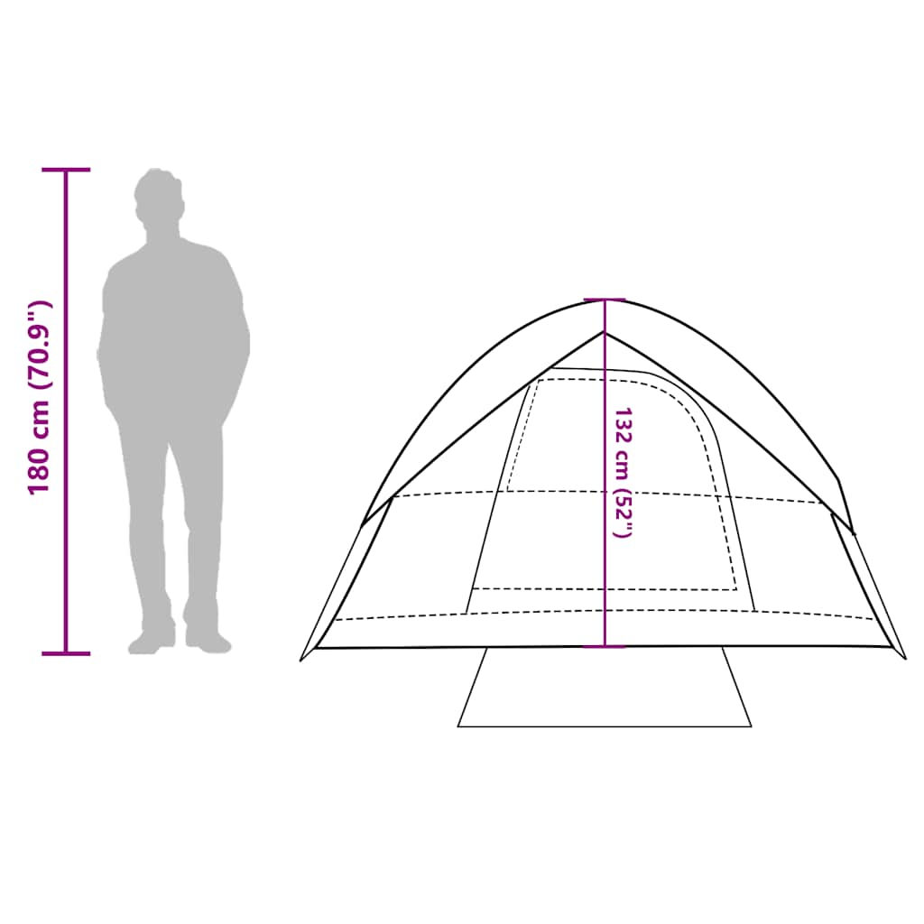 Zijaanzicht van de vidaXL koepeltent met afmetingen en silhouet van een persoon.