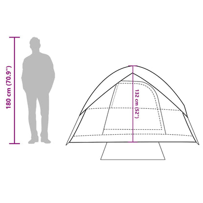 Zijaanzicht van de vidaXL koepeltent met afmetingen en silhouet van een persoon.
