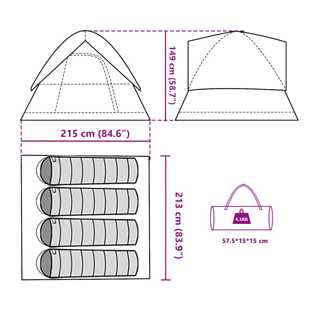 Detail van de vidaXL koepeltent met afmetingen en opbergzak voor eenvoudig transport.