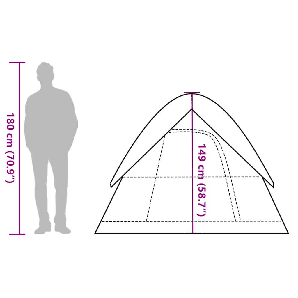 Zijaanzicht van de vidaXL koepeltent met afmetingen en hoogteindicatie voor 4 personen.