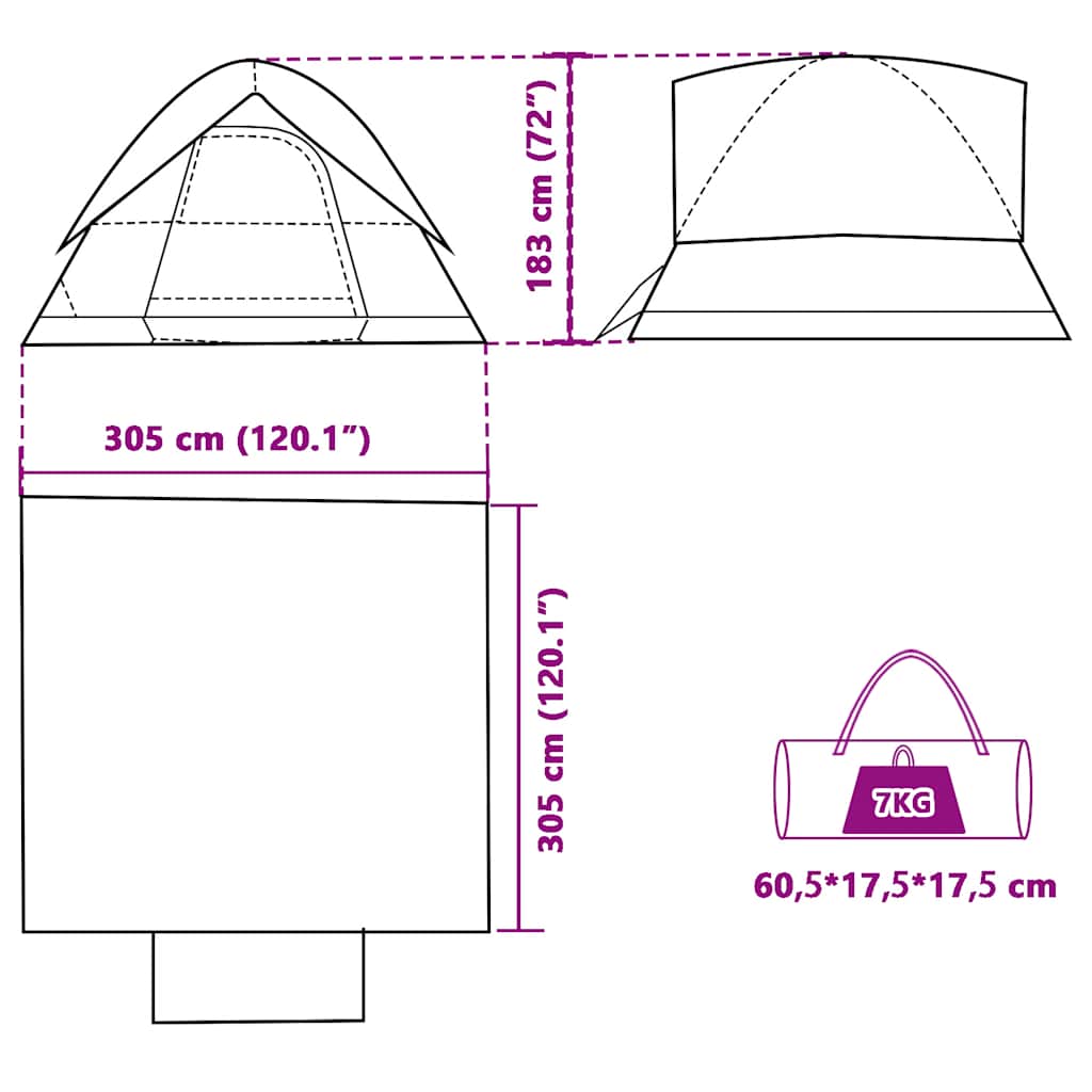 Technische tekening van de vidaXL koepeltent met afmetingen en gewicht.