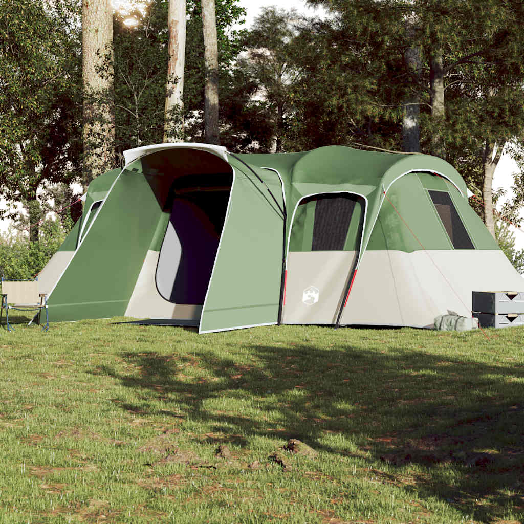 Zijaanzicht van de vidaXL tunneltent, groen, met open ingang en tentstokken.