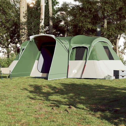 Zijaanzicht van de vidaXL tunneltent, groen, met open ingang en tentstokken.