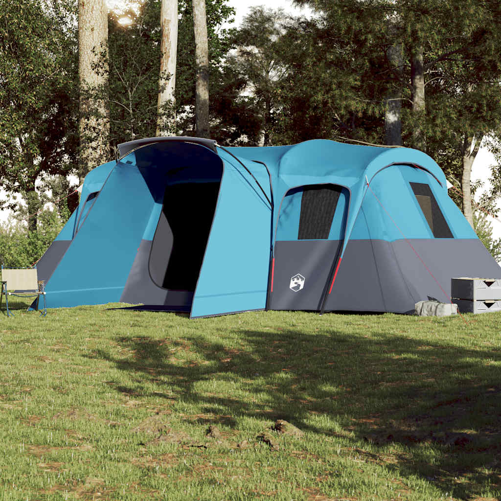 Zijaanzicht van de vidaXL 16-persoons tunneltent in blauw, met open ingang en ventilatieroosters.