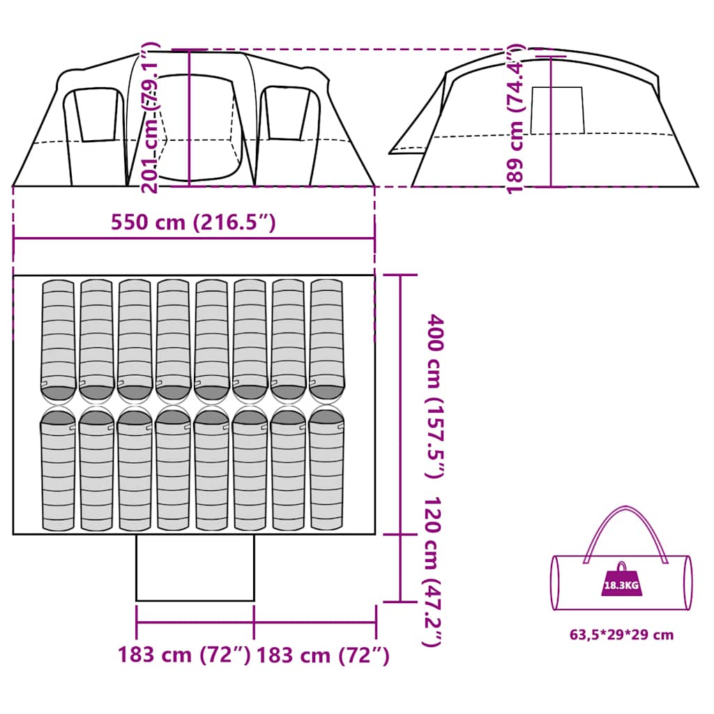 Detail van de afmetingen en indeling van de vidaXL 16-persoons tunneltent in blauw.