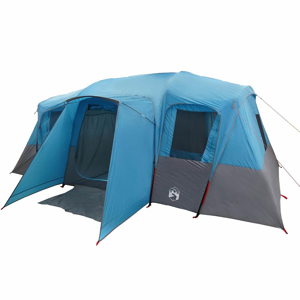 Detail van de vidaXL tunneltent in blauw met ruime ingangen en ventilatieroosters.
