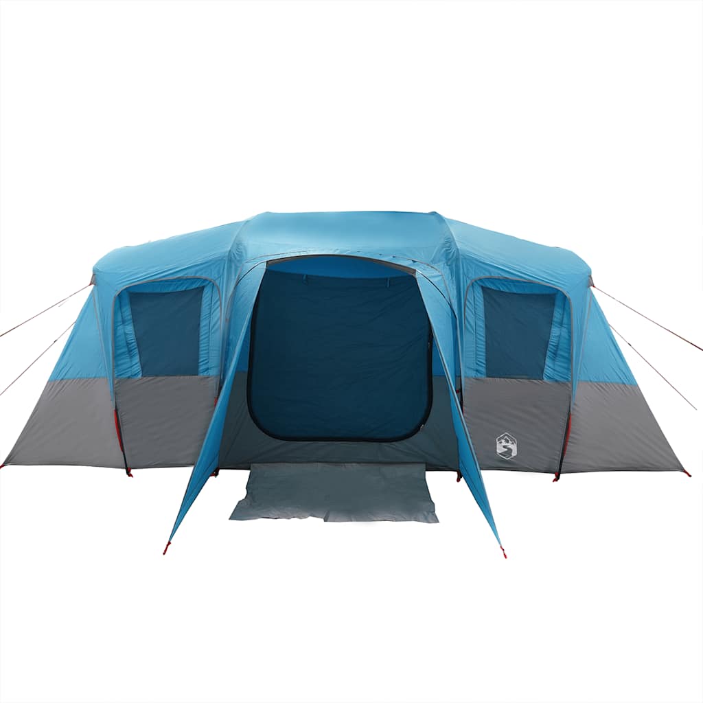 Detail van de vidaXL tunneltent in blauw met grijze accenten en open ingang.