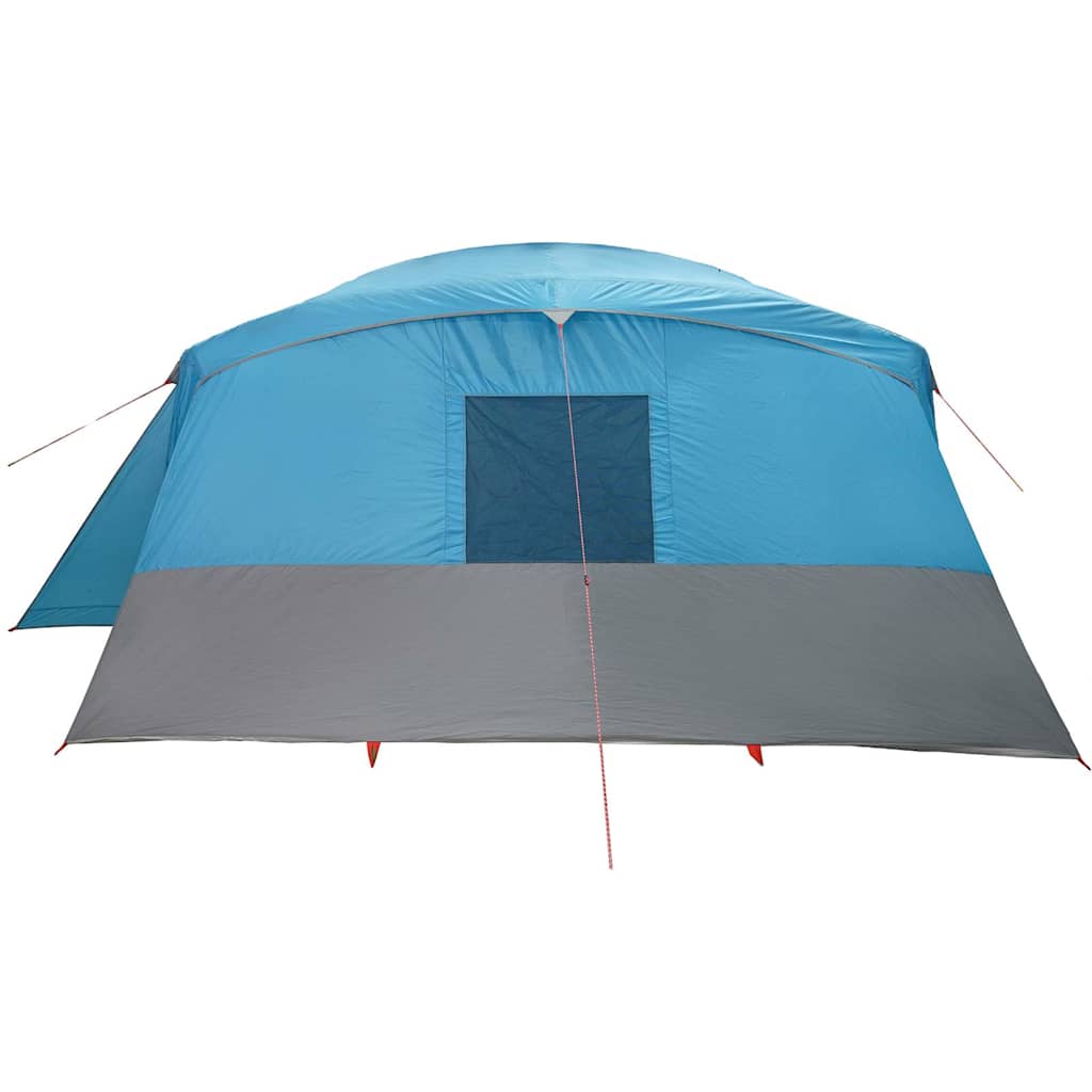 Zijaanzicht van de vidaXL tunneltent in blauw met grijze onderrand en ventilatierooster.