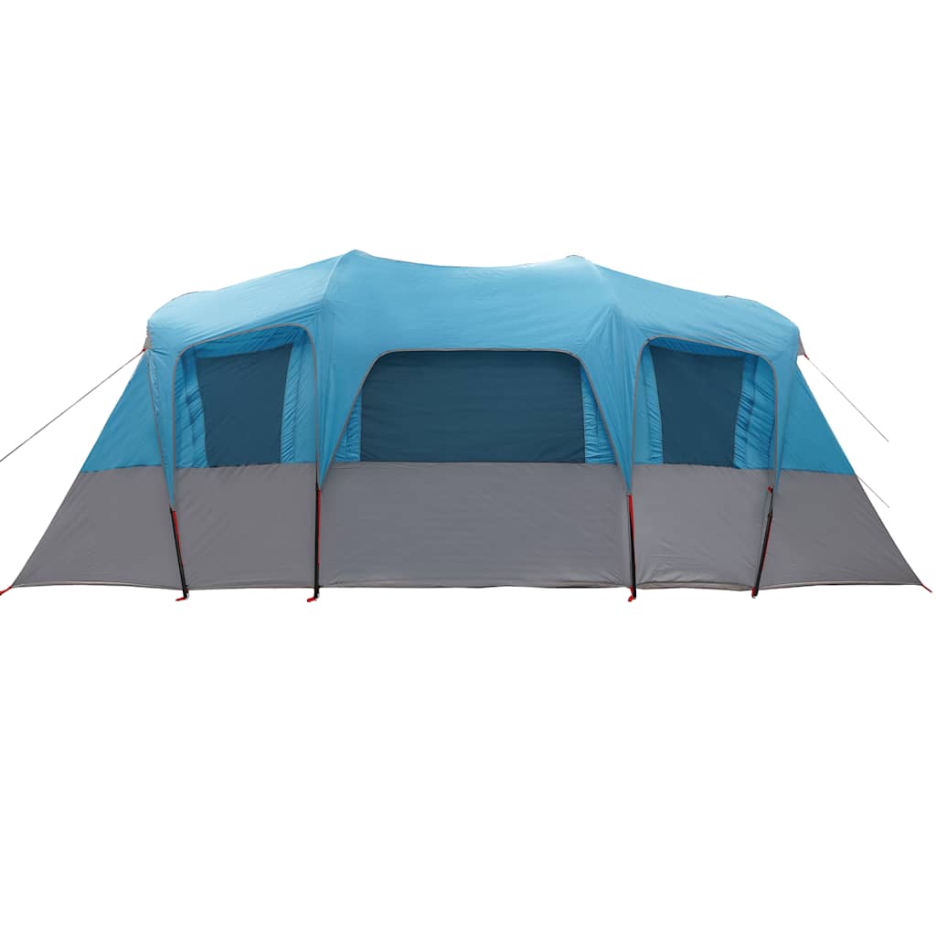 Detail van de blauwe vidaXL tunneltent met grijze onderrand en meerdere ingangen.