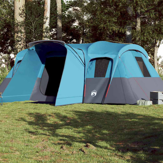 Blauwe vidaXL tunneltent voor 16 personen, waterdicht en ruim, in een groene omgeving.
