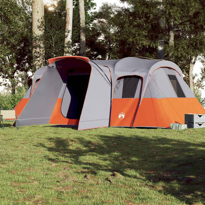 Zijaanzicht van de vidaXL tunneltent in grijs en oranje, met open ingang en ventilatieroosters.