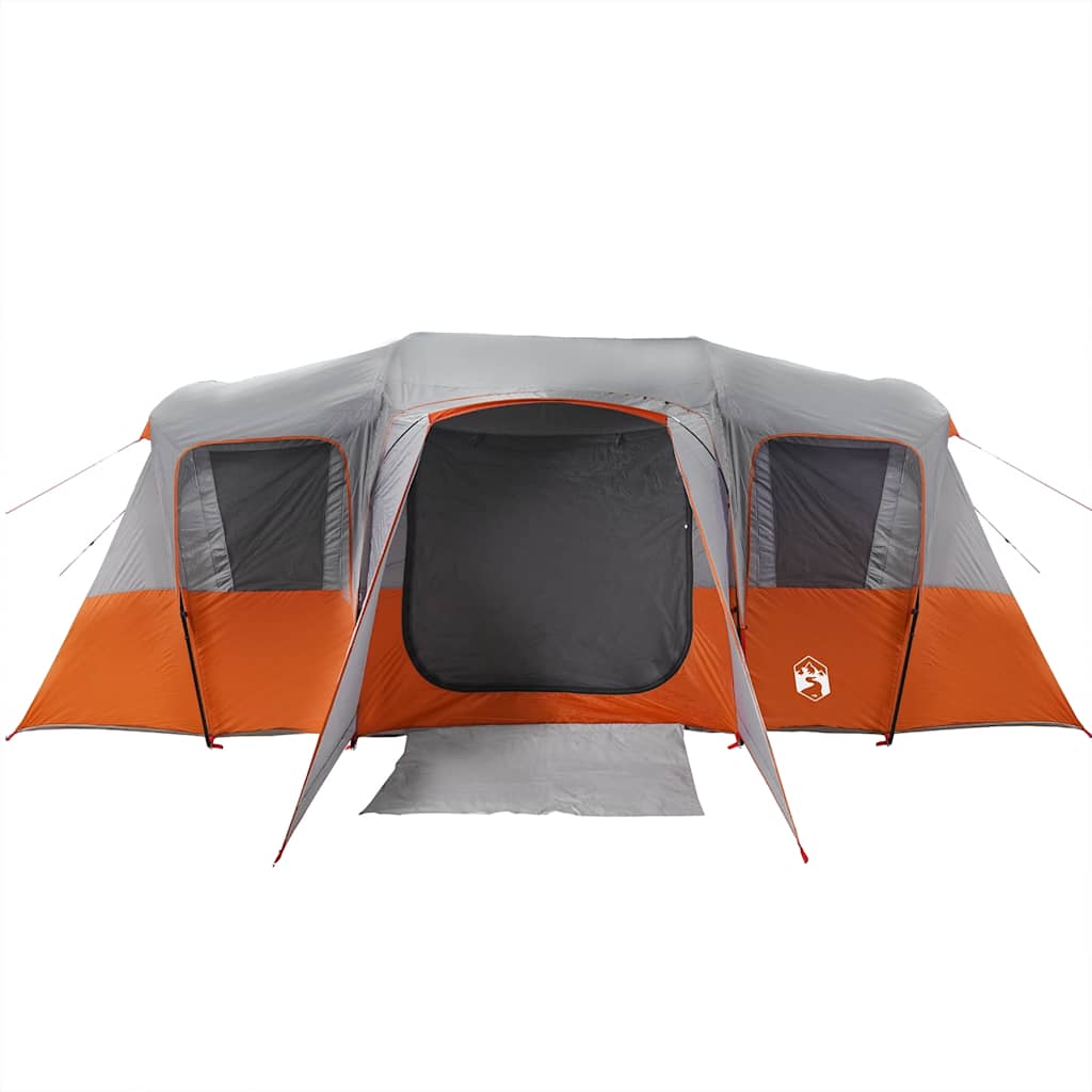Detail van de grijze vidaXL tunneltent met oranje accenten en ruime ingang.