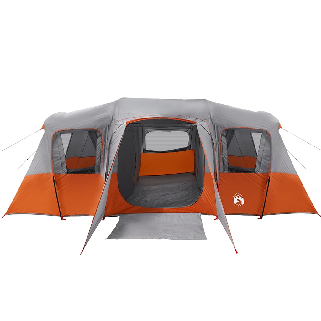 Detail van de vidaXL tunneltent met grijze en oranje kleur en ruime ingang.