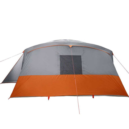 Zijaanzicht van de vidaXL tunneltent in grijs met oranje accenten en een groot raam.
