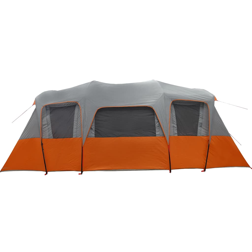 Zijaanzicht van de vidaXL Tunneltent 16-persoons in grijs met oranje details.